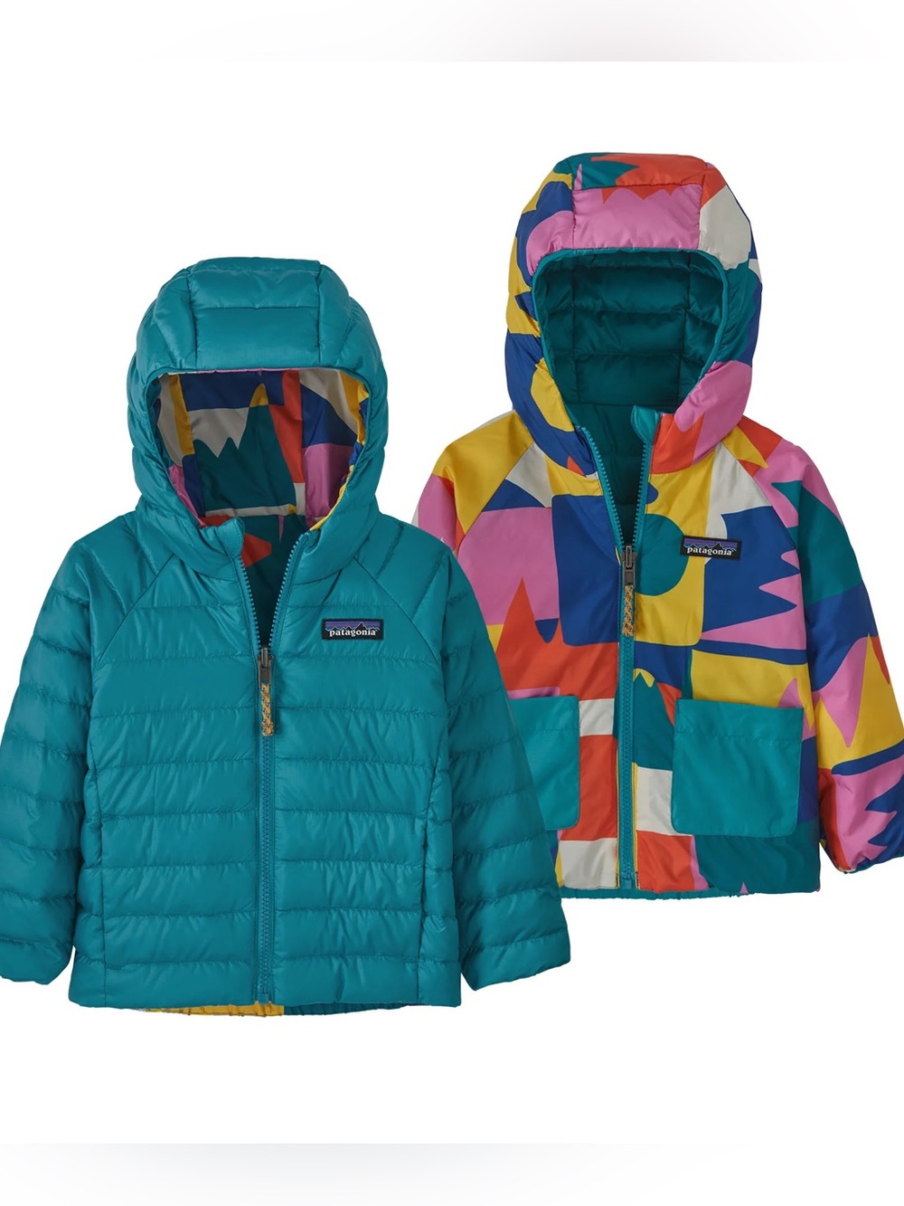 NWT 6-12 mo Patagonia Reversible Down Hoodie Teal/Print Kids Down Puffer Jacket